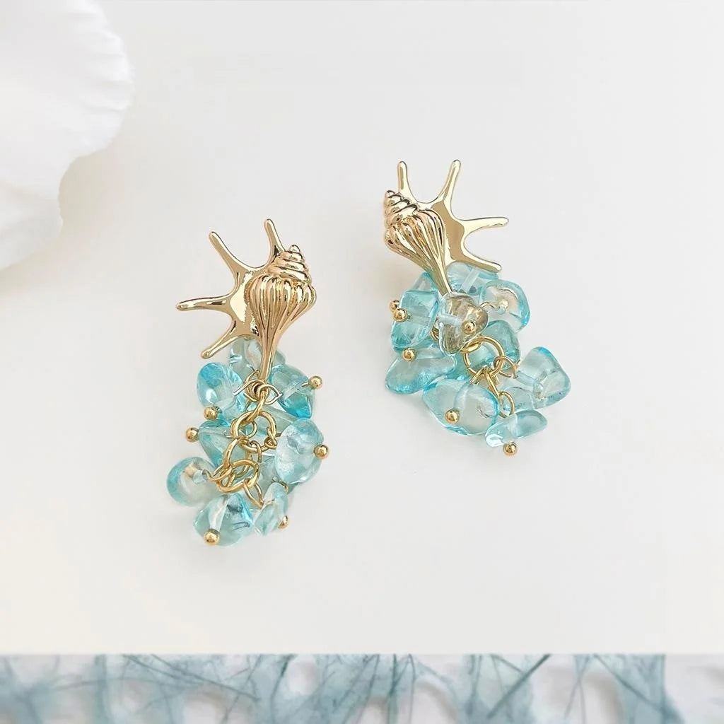 Ocean Style Copper Aquamarine Glass Conch Geometric Drop Earrings For Beach Vacation