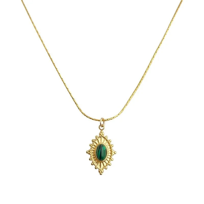 Vintage 18K Gold Plated 304 Stainless Steel Synthetic Malachite Heart Choker Necklace
