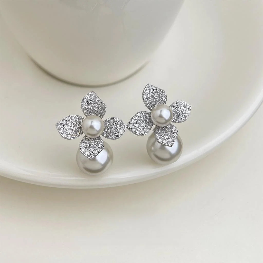 Sweet Flower Glass Pearl Zircon Micro Pave Copper Drop Earrings For Women