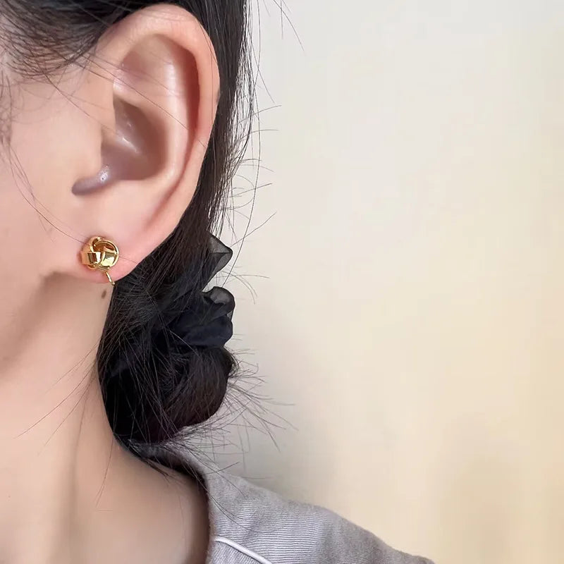 Elegant Gold Alloy Woven Knot Ball Stud & Clip On No Piercing Minimal Commuter Women's Earrings