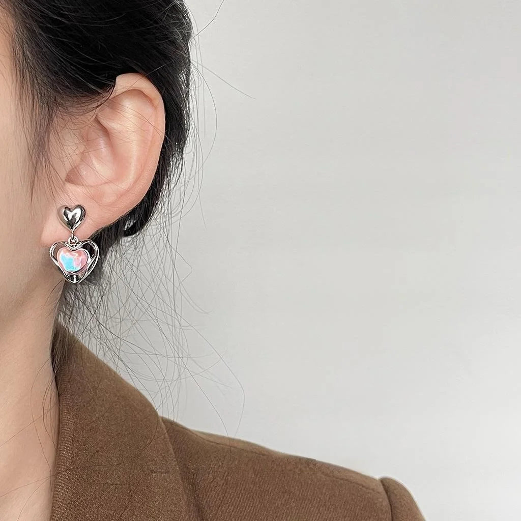 Sweet Cool Iridescent Heart Copper Drop Earrings For Women Niche Designer Jewelry