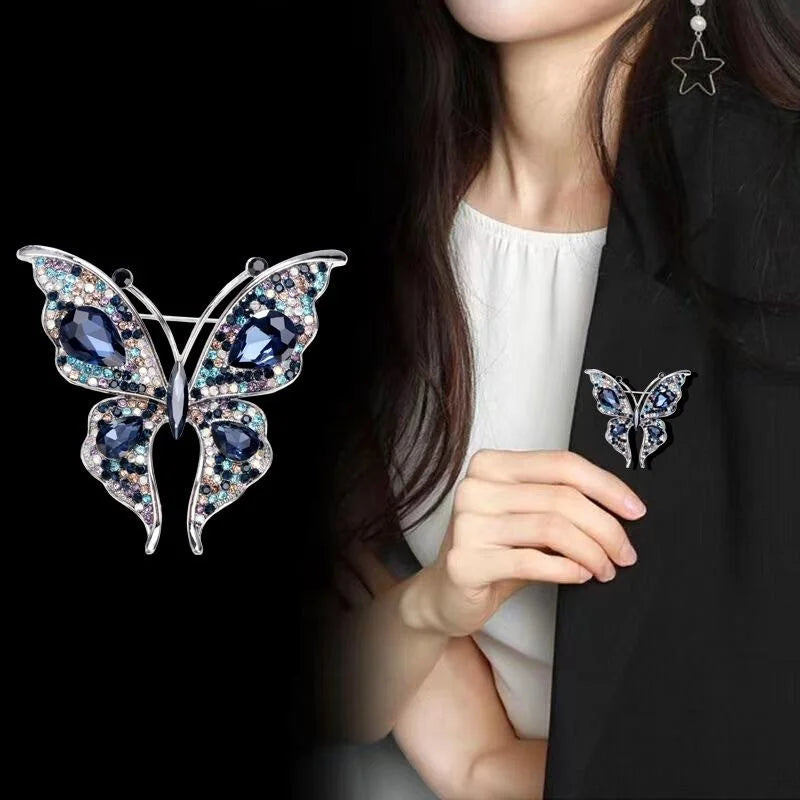 Luxury Full Rhinestone Butterfly Brooch With Blue Zircon Accent, Elegant Women's Lapel Pin Corsage Gift