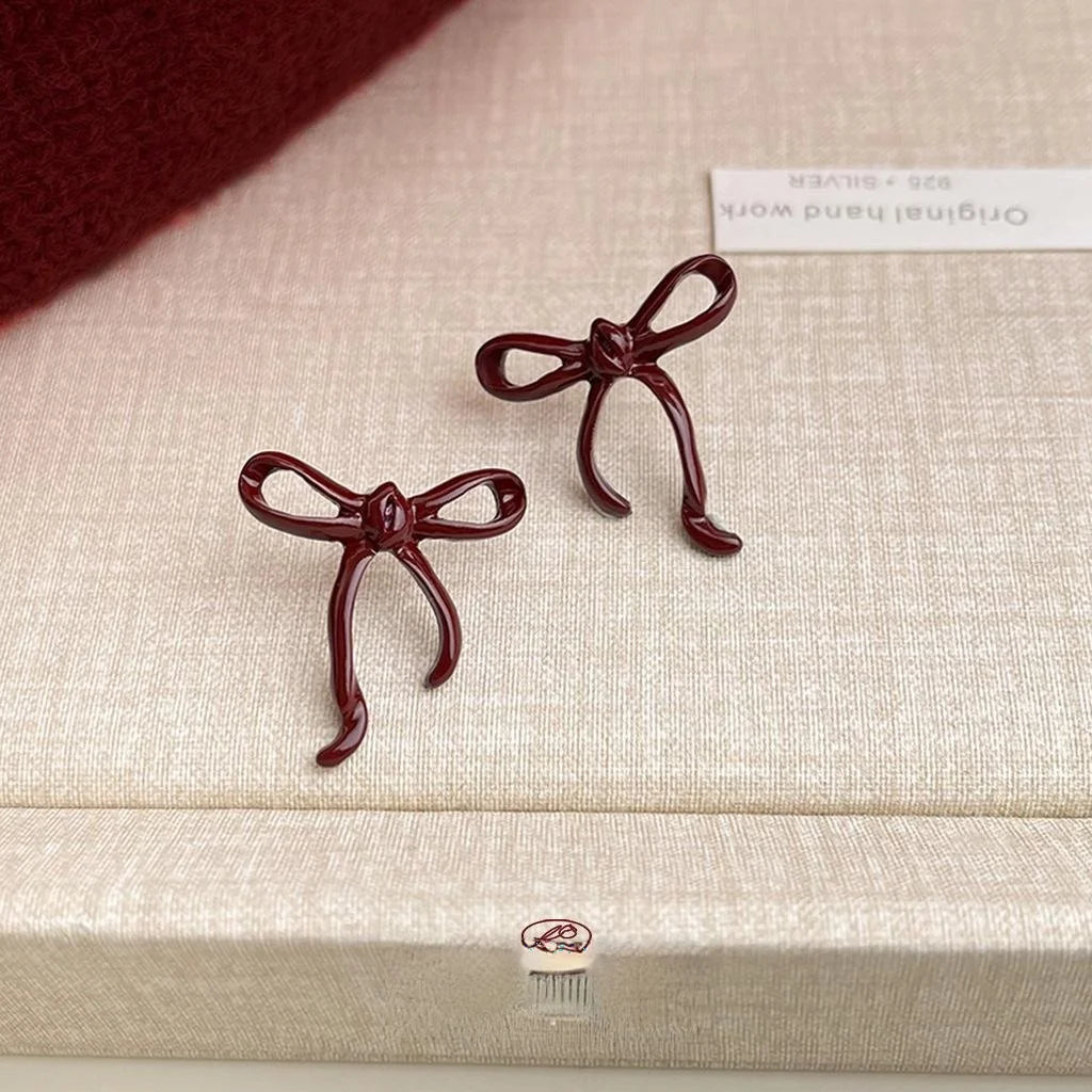 Burgundy Enamel Bow Drop Earrings Copper Fashion OL Jewelry