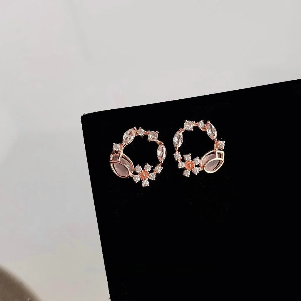 Sweet Rose Gold Floral Wreath Stud Earrings With Glass Cat Eye Stone And Micro Pave Zircon