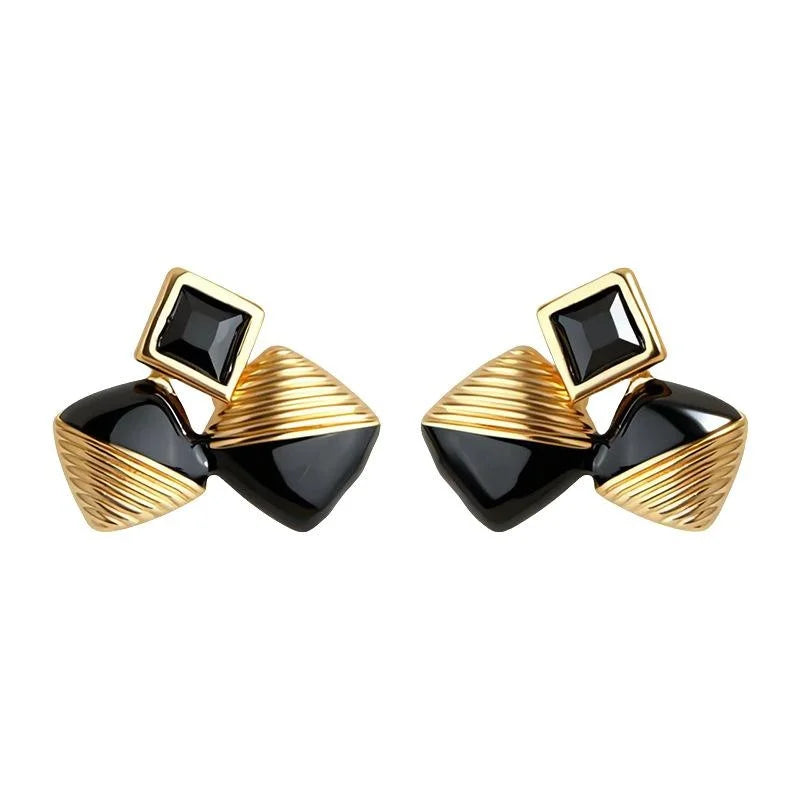 Premium Copper Black Enamel Geometric Zircon Square Stud Earrings