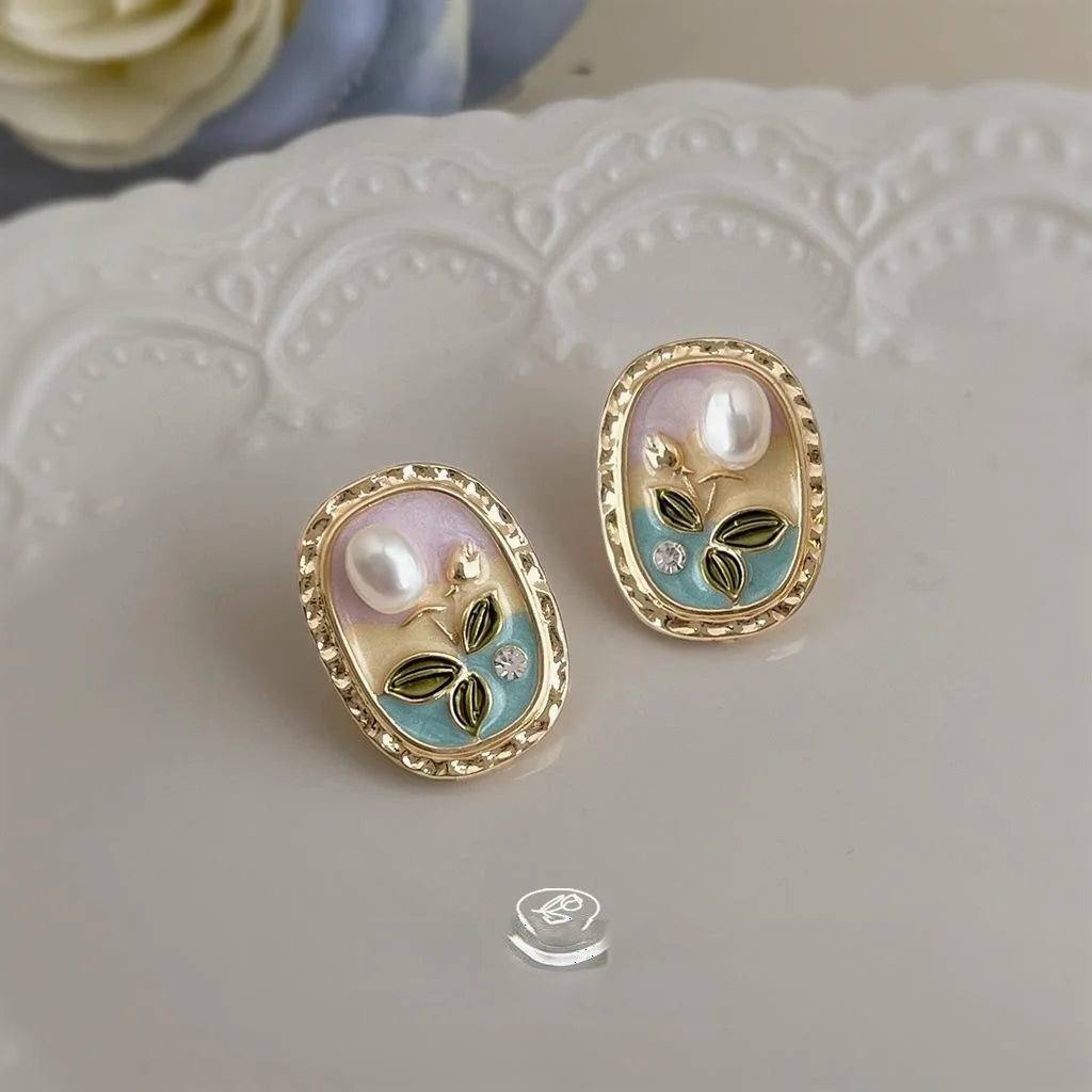 Freshwater Pearl 14K Plated Enamel Floral Pastoral Copper Drop Earrings