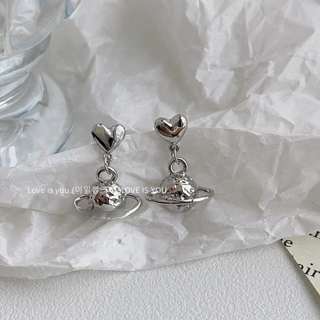 Sweet Cool Silver Tone Metal Planet Geometric Stud Earrings Style Minimalist Ear Jewelry