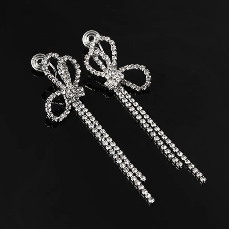 Luxury Rhinestone Bow Long Tassel Stud & Clip On No Piercing Elegant Fairy Drop Earrings
