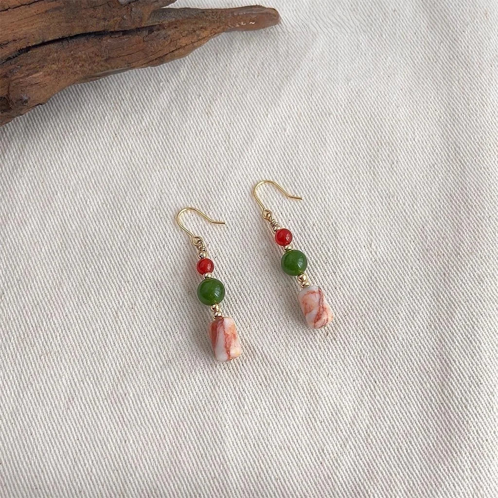 Handmade New Chinese Style Red Green Agate Natural Stone Geometric Tassel Drop Earrings for Women