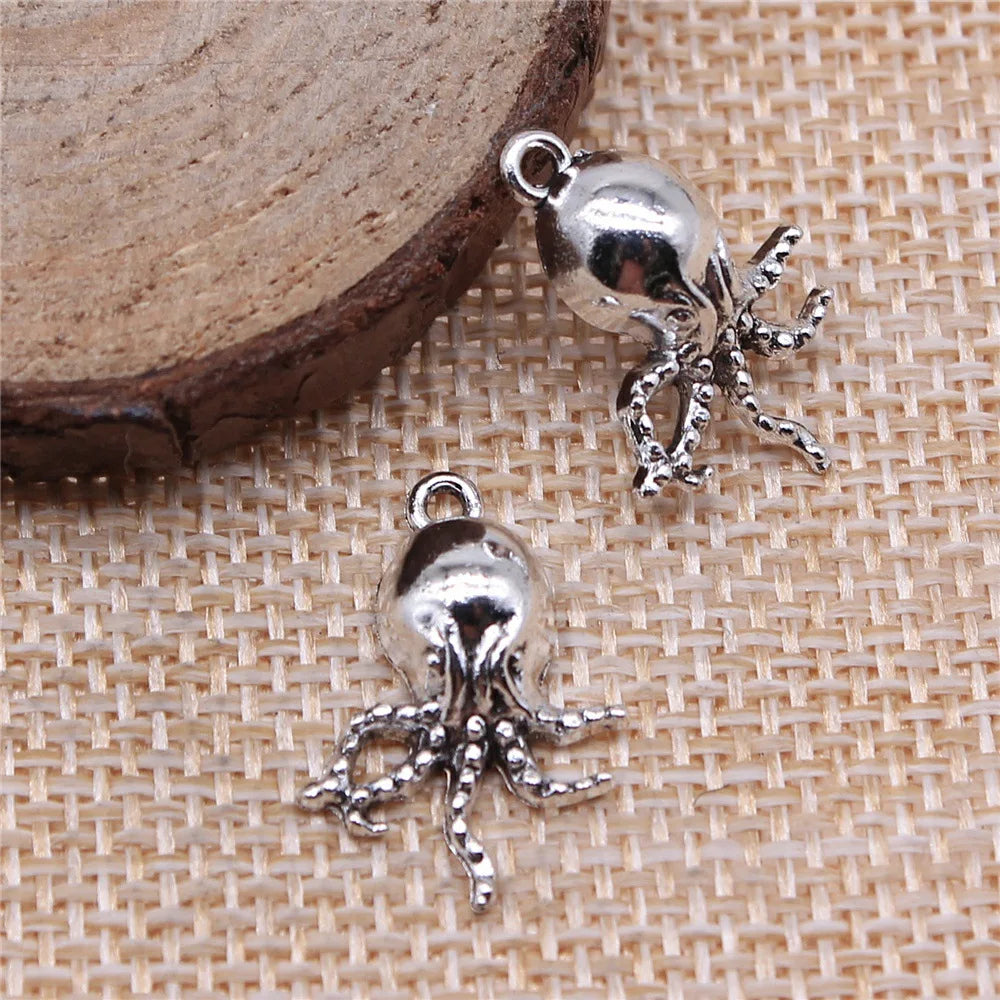 15x21mm 1.3g Antique Silver Zinc Alloy Octopus Fish Charm Pendant for Ocean Theme DIY Jewelry Making