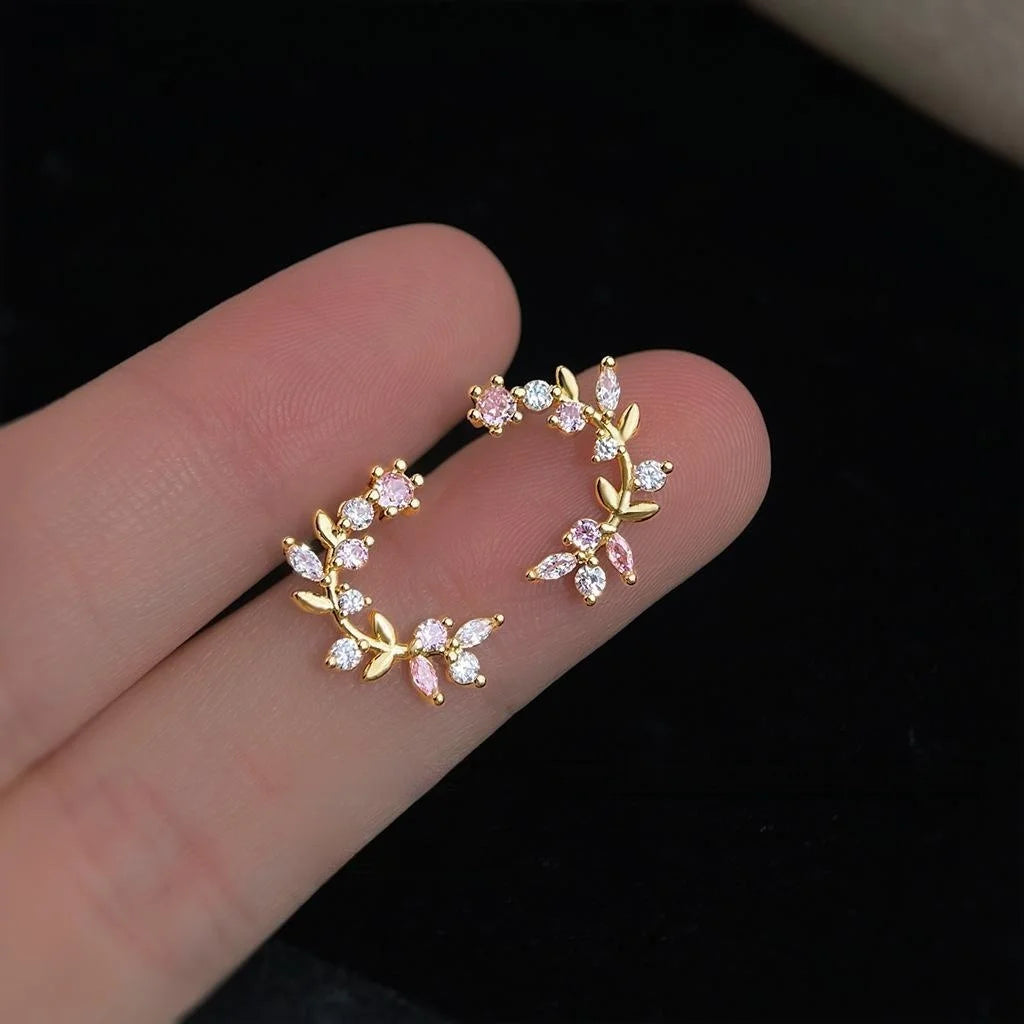 Fresh Sweet Micro Pave Zircon 14K Plated Copper Leaf Wreath Stud Earrings