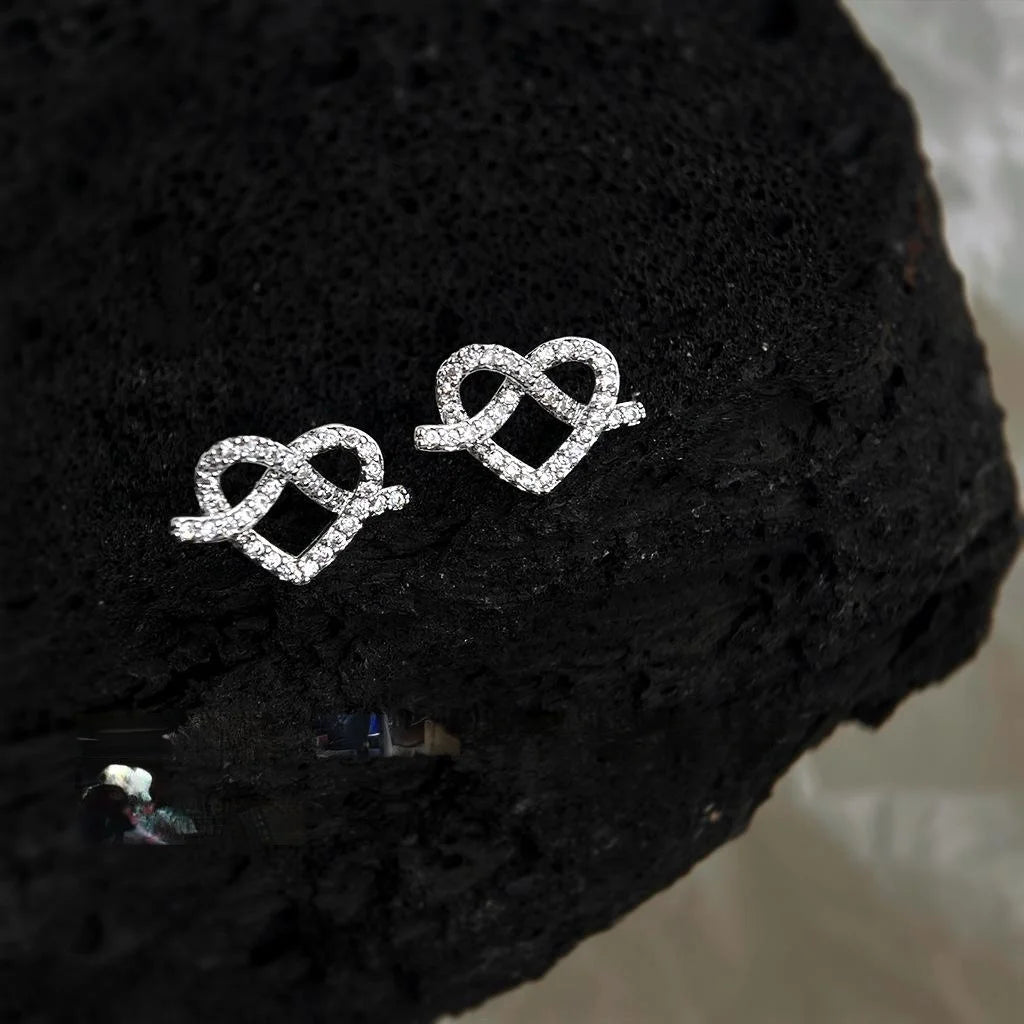 Sweet Cool Micro Pave Zircon Heart Knot Stud Earrings Copper Geometric Ring Design