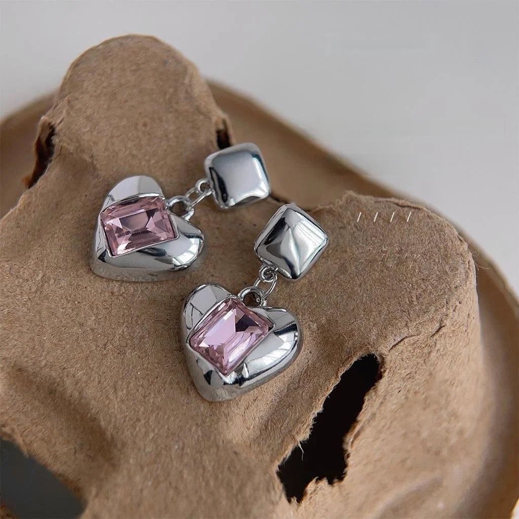 Sweet Cool Pink Glass Crystal Heart Drop Earrings Copper Fashion Statement Jewelry