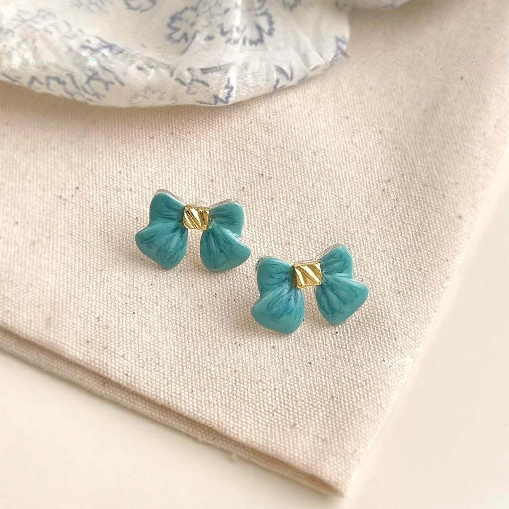Fresh Sweet Sea Blue Bow Alloy Handmade Enamel Stud Earrings Elegant Summer Jewelry