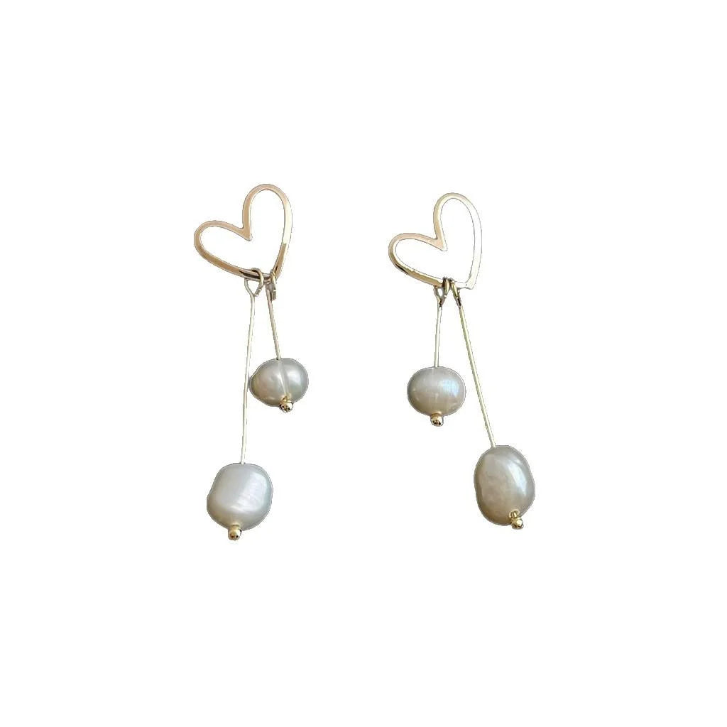 14K Gold Plated Baroque Freshwater Pearl Heart Geometric Tassel Stud Earrings
