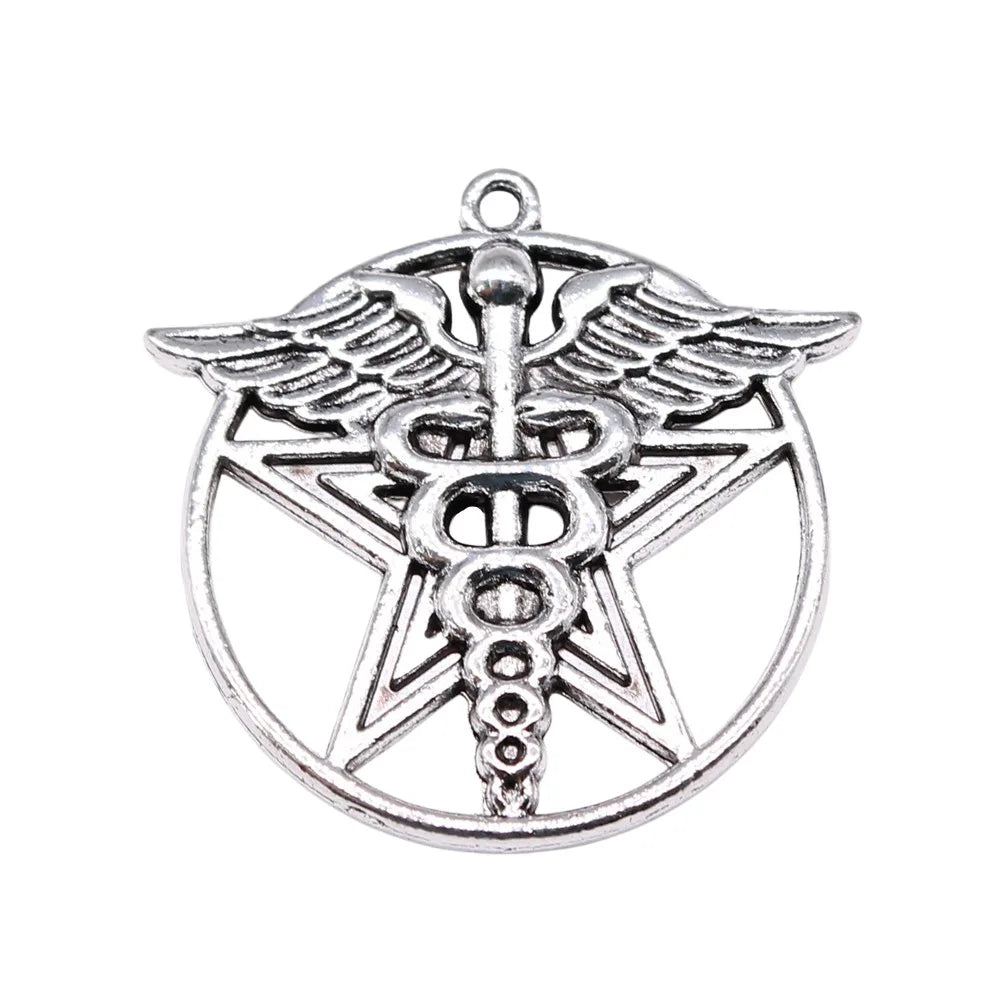 33x33mm 7.85g Antique Silver Tone Zinc Alloy Medical Staff Five Point Star Charm Pendant for DIY Jewelry