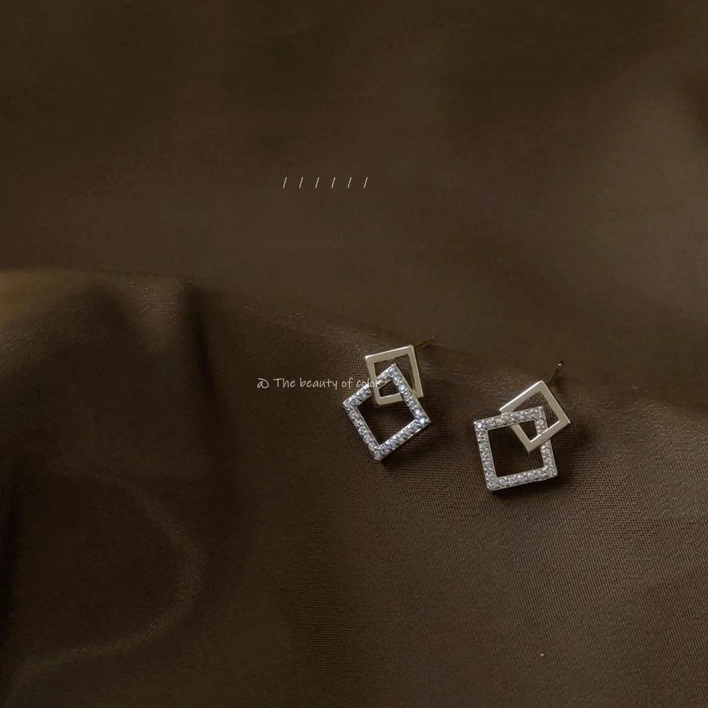 14K Plated Copper Micro Pave Zircon 3D Overlapping Rhombus Stud Earrings For Women