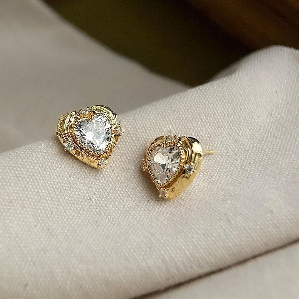 14K Plated Copper Heart Zircon Lace Edge Stud Earrings Elegant Office Jewelry