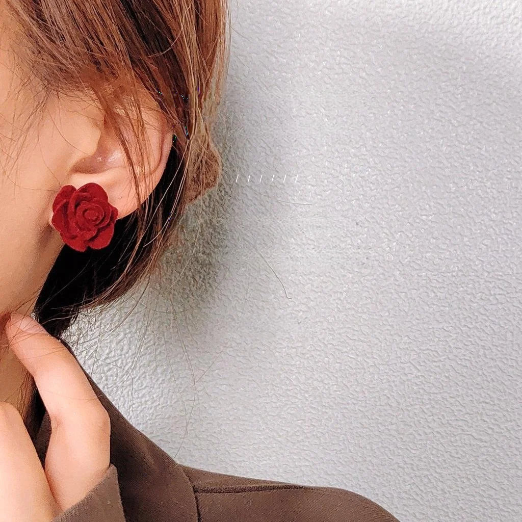 French Vintage Burgundy Flocked Resin Rose Flower Stud Earrings With Silver Plated Pins