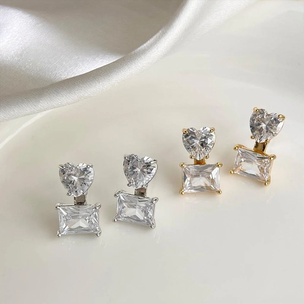 18K Gold Plated Copper Zircon Square Heart Geometric Stud Earrings Minimalist Luxury Jewelry
