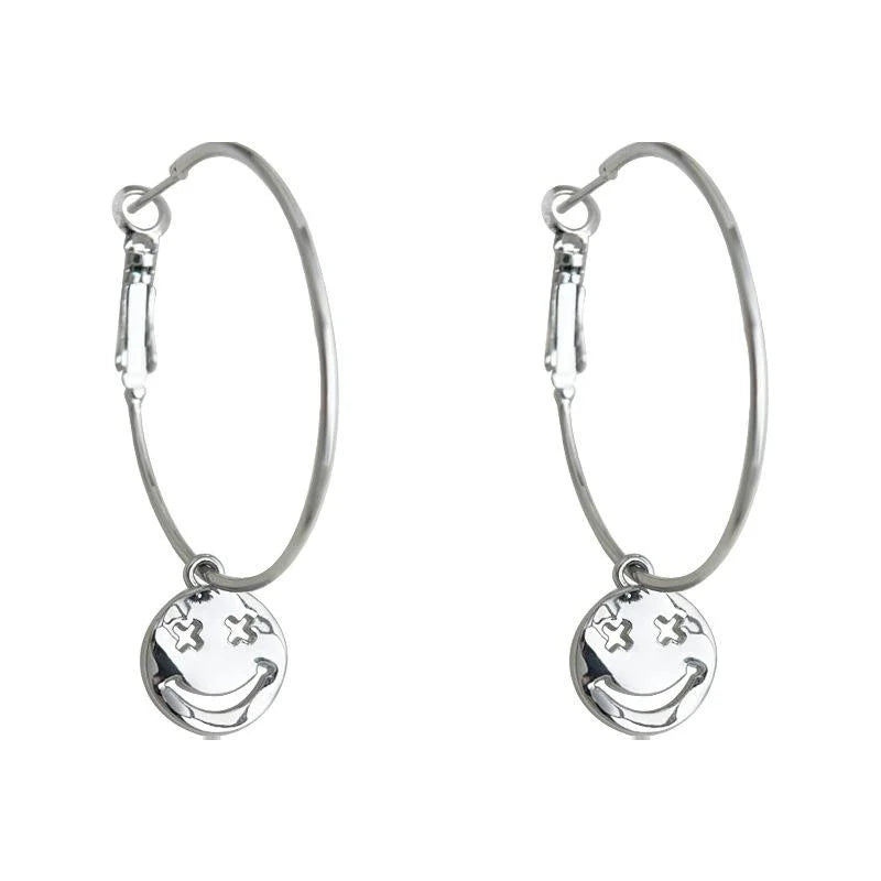 Sweet Cool Smiley Face Geometric Copper Hoop Earrings, Niche Designer Circle Jewelry