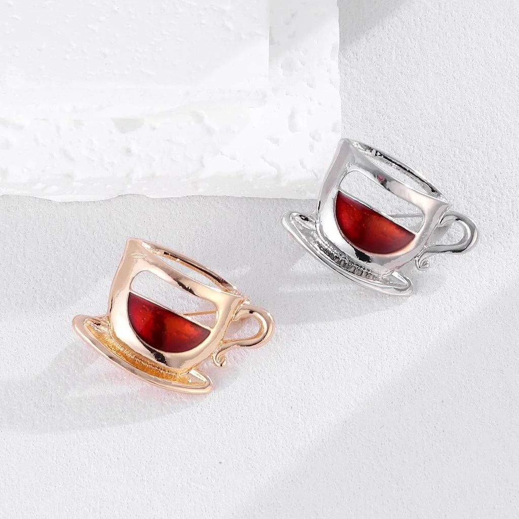 Elegant Alloy Enamel Coffee Cup Brooch With Red Tea Detail, Creative Women's Lapel Pin Gift