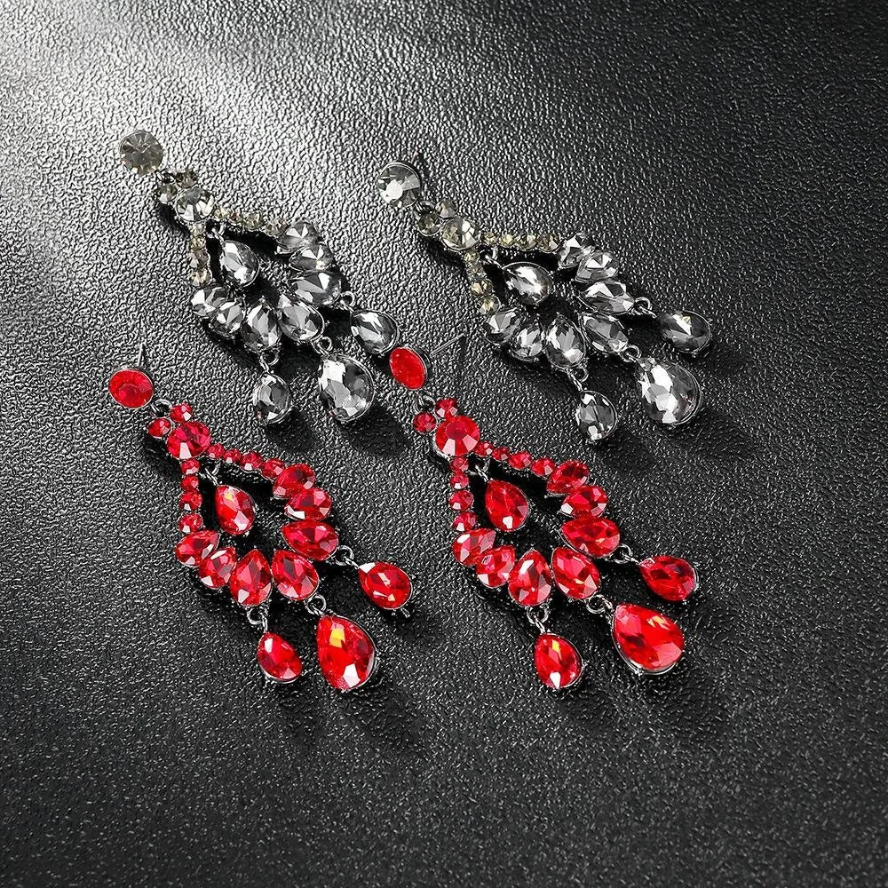 Vintage Bohemian Red Glass Rhinestone Teardrop Tassel Alloy Chandelier Earrings For Wedding Banquet Party