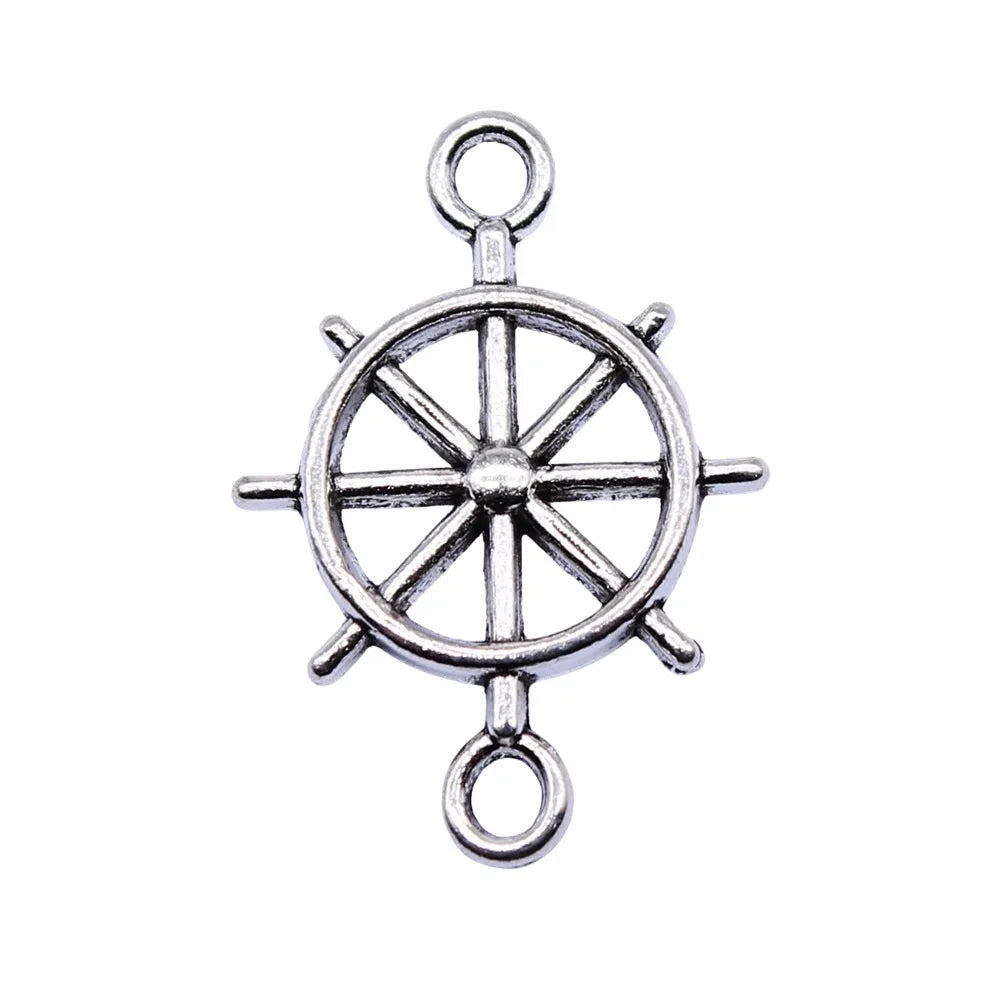 21x15mm 1.1g Antique Silver Zinc Alloy Ship Wheel Connector Charm for DIY Nautical Jewelry Making