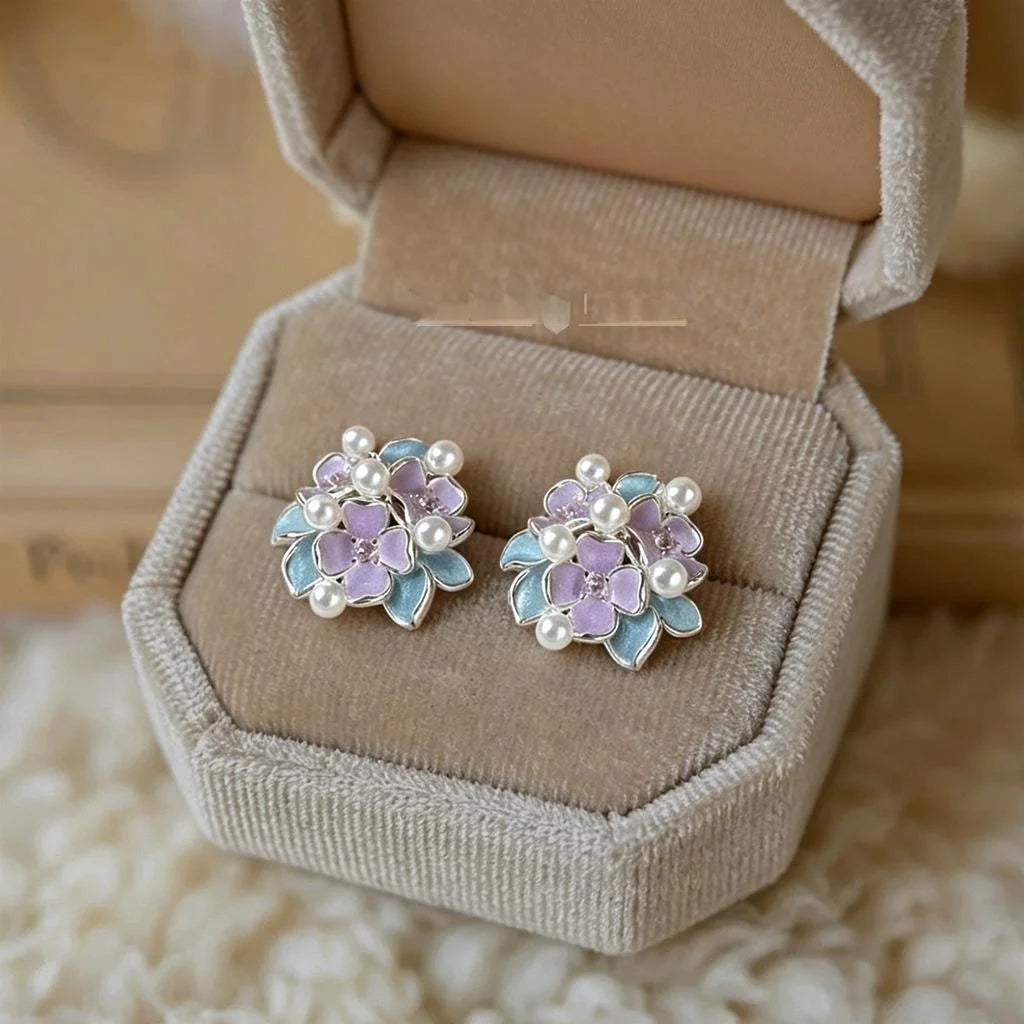 Fresh Sweet Floral Enamel Drip Glaze High Luster Pearl Zircon Micro Pave Stud Earrings