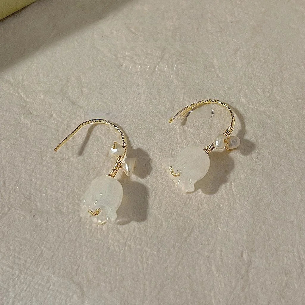 White Glass Orchid Flower Freshwater Pearl Drop Earrings French Sweet Minimalist Jewelry