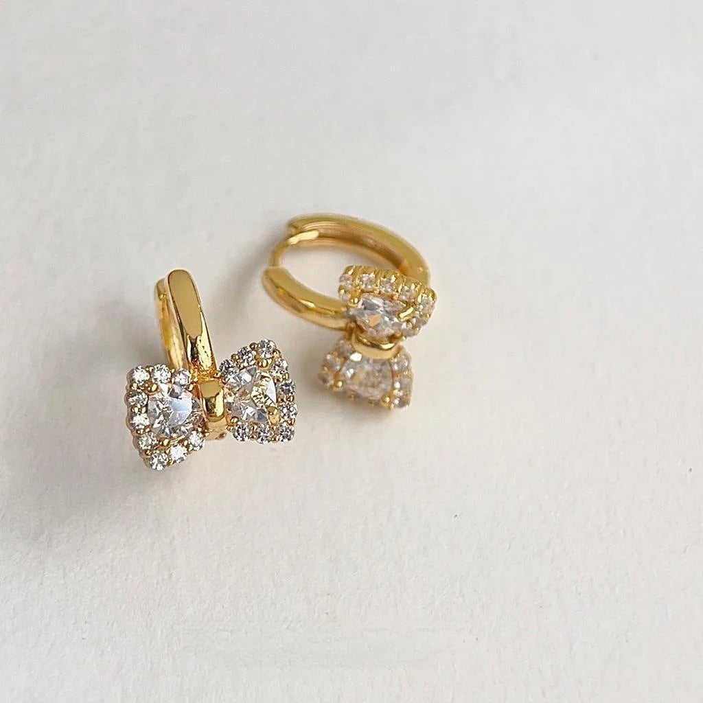 Upgraded Thick Real Gold Plated Micro Pave Zircon Bow Drop Earrings Light Luxury Style