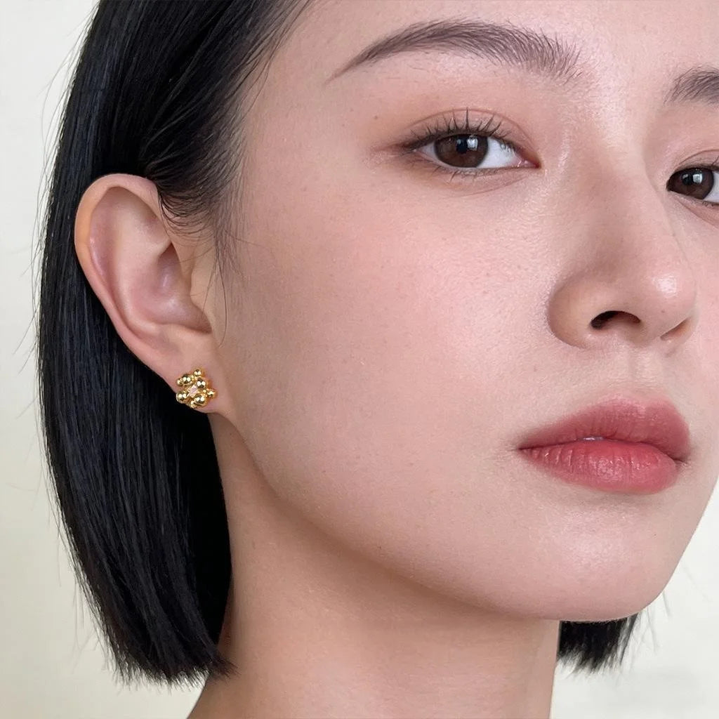 14K Gold Plated Copper Micro Pave Zircon Art Ball Stud Earrings Korean Fashion Geometric Polka Dot