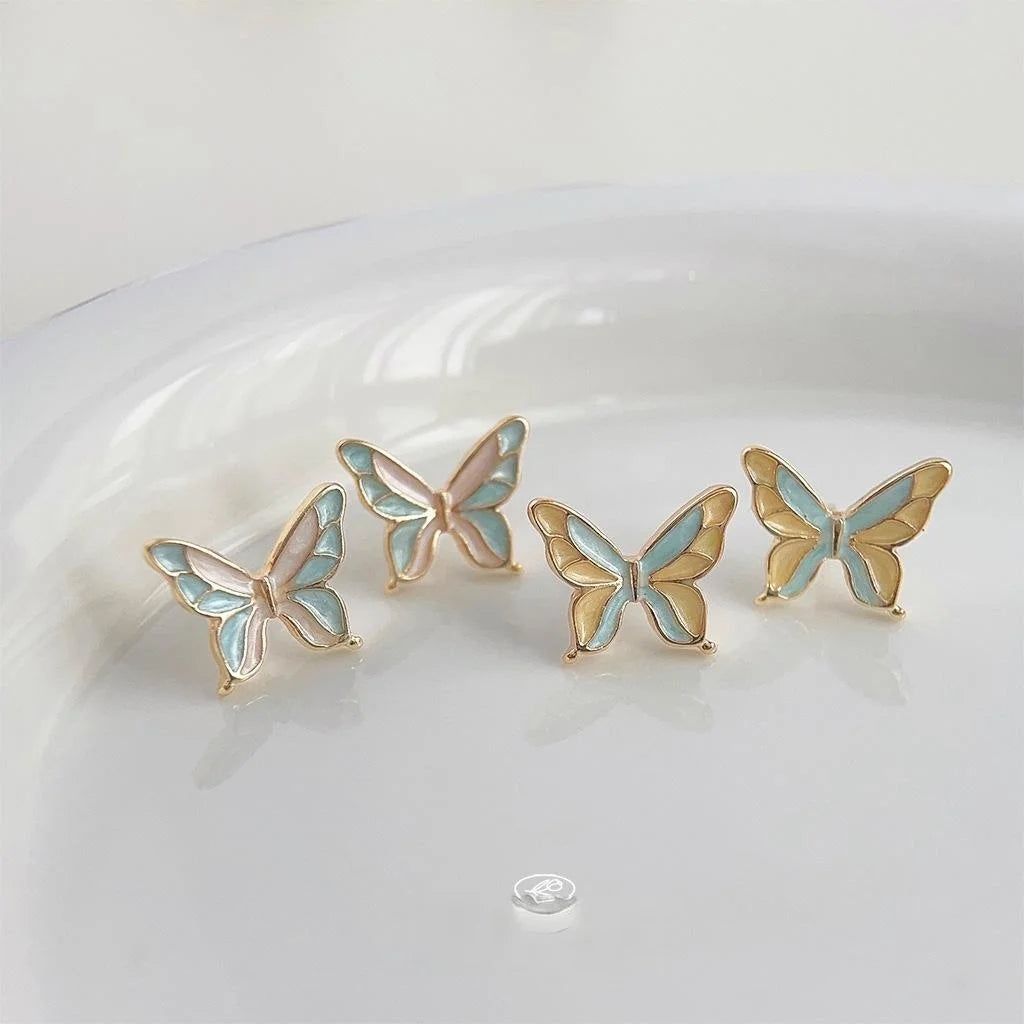 14K Gold Plated Copper Enamel Butterfly Stud Earrings Sweet Forest Style Jewelry For Women