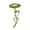 Cute Green Enamel Frog Under Lotus Leaf Brooch With Rhinestone, Women's Lapel Pin Corsage Gift