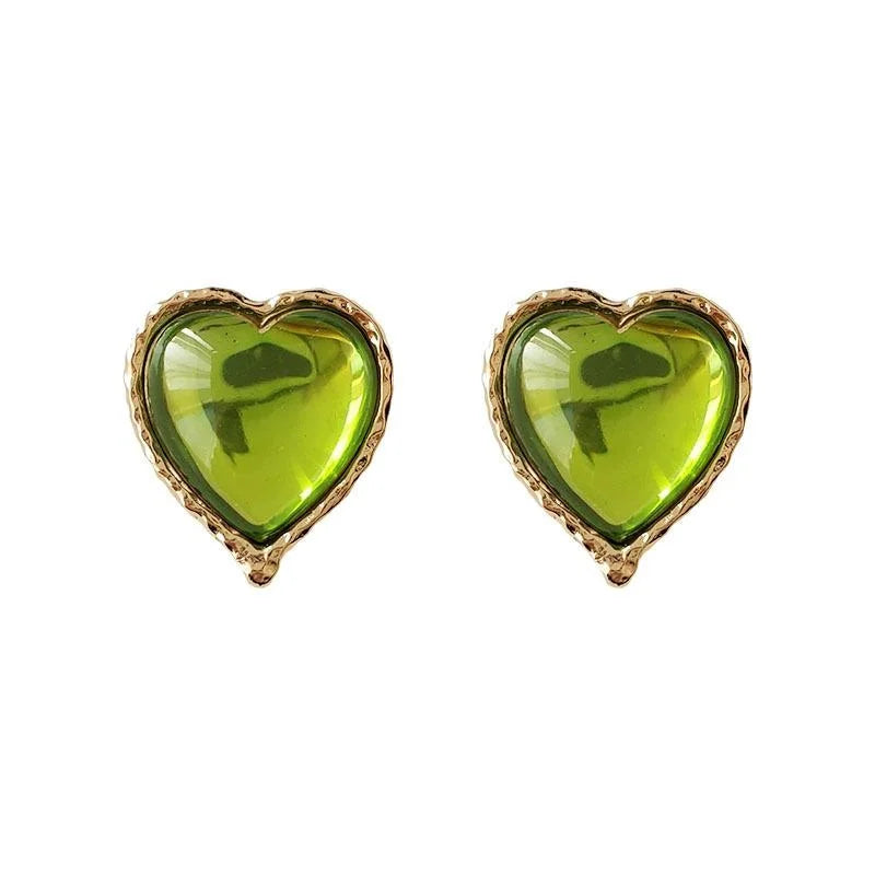 Vintage Green Heart Stud Earrings Alloy Emerald Heart Court Style Elegant Jewelry