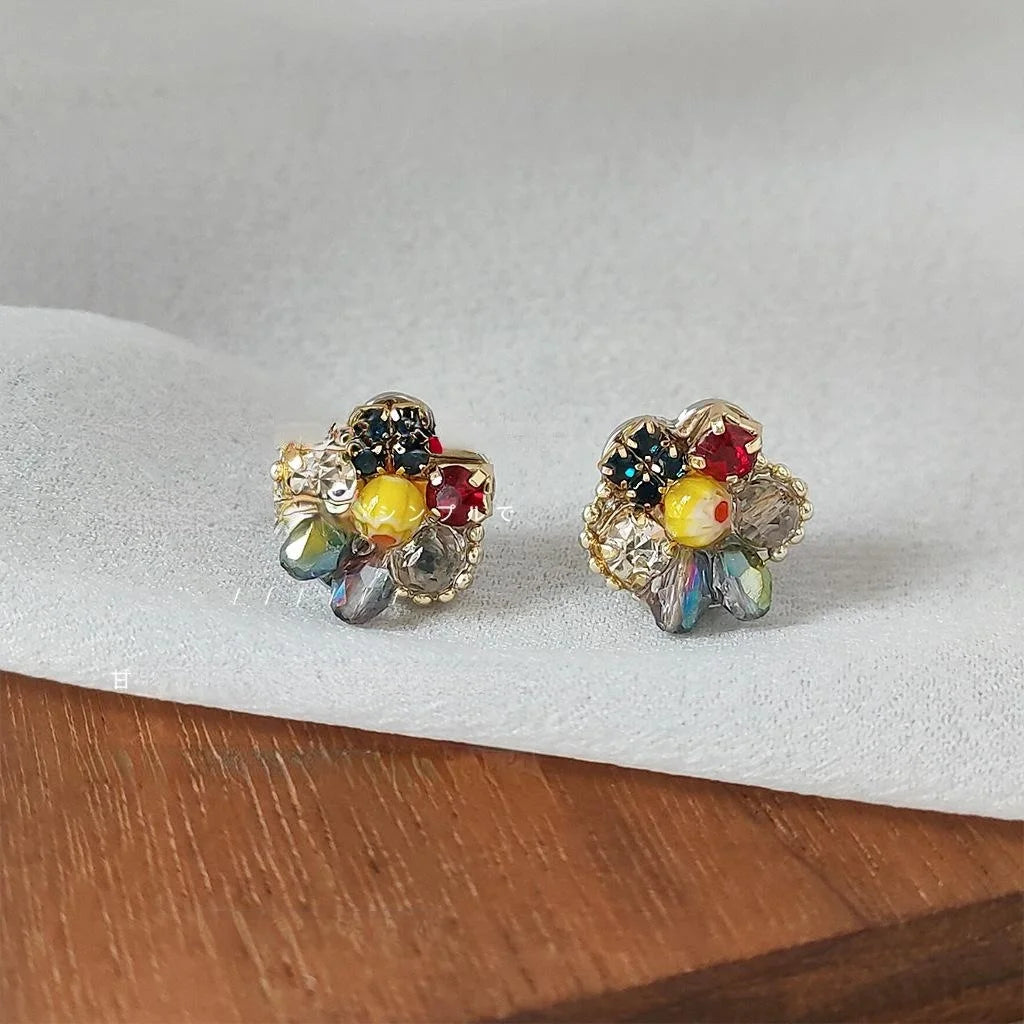 Sweet Floral Glass Crystal Stud Earrings With 14K Plated Copper Handmade Design