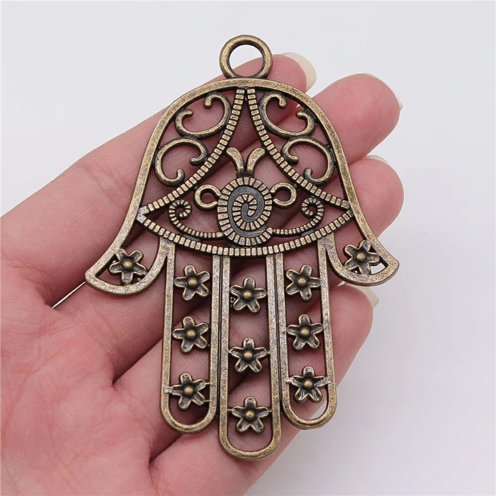 85x62mm 18.5g Zinc alloy Hollow Flower Hamsa Hand charm pendant for DIY necklace jewelry making