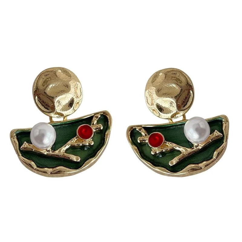 14K Gold Plated High Luster Pearl Geometric Round Drop Earrings, French Court New Chinese Style