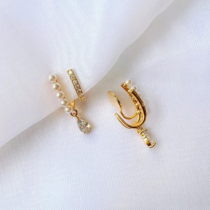 Elegant Double Pearl Spiral Disc Teardrop Crystal Alloy Stud & Clip On No Piercing Earrings