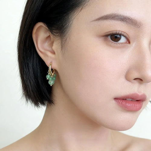 New Chinese Style Aventurine Jade Beaded Heart Tassel Drop Earrings Handmade Elegant Jewelry