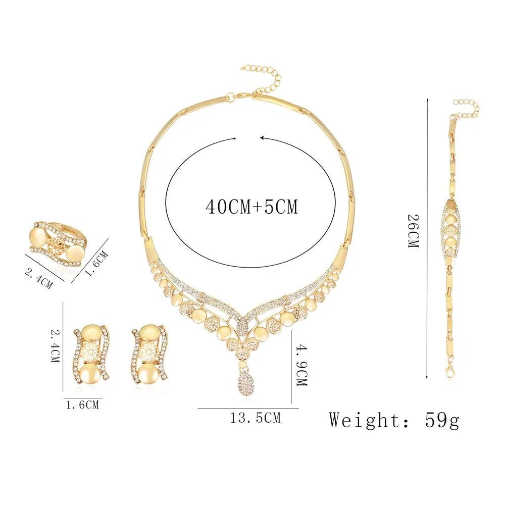 Luxury Gold Tone Rhinestone Jewelry Set, Bridal Necklace Earrings Ring Bracelet For Wedding Banquet