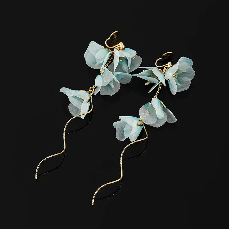 Elegant Light Blue Fabric Flower Alloy Chain Tassel Stud & Clip On No Piercing Vacation Drop Earrings