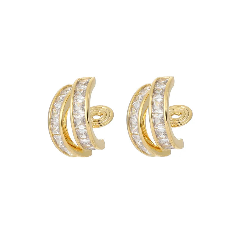 Elegant Geometric Square Zircon Hoop Stud & Clip On No Piercing Gold Alloy Huggie Earrings