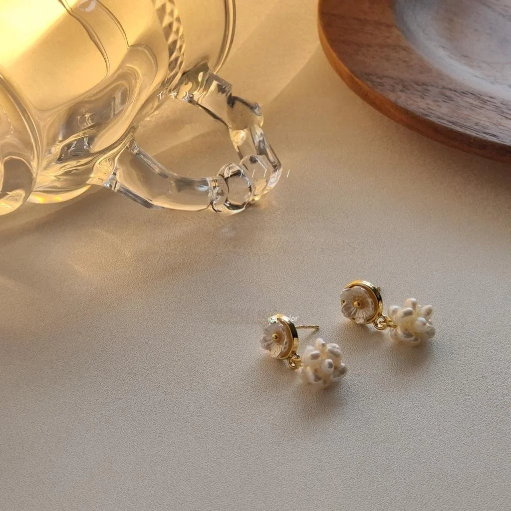 14K Plated Freshwater Pearl Floral Stud Earrings Handmade Sweet Design For Women