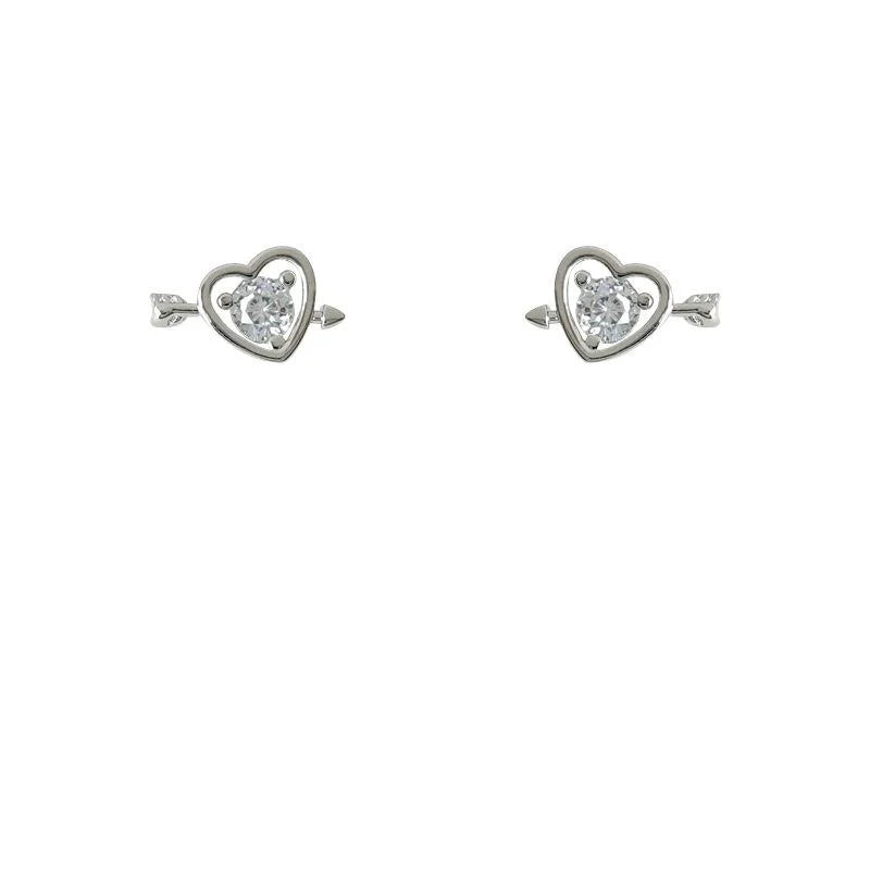 Korean Style Mini Heart Arrow Zircon Copper Stud Earrings With Silver Plated Pins