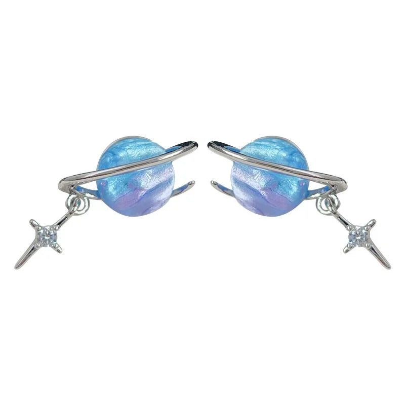 Sweet Cool Colorful Saturn Star Stud Earrings Copper Micro Pave Zircon Fashion Jewelry