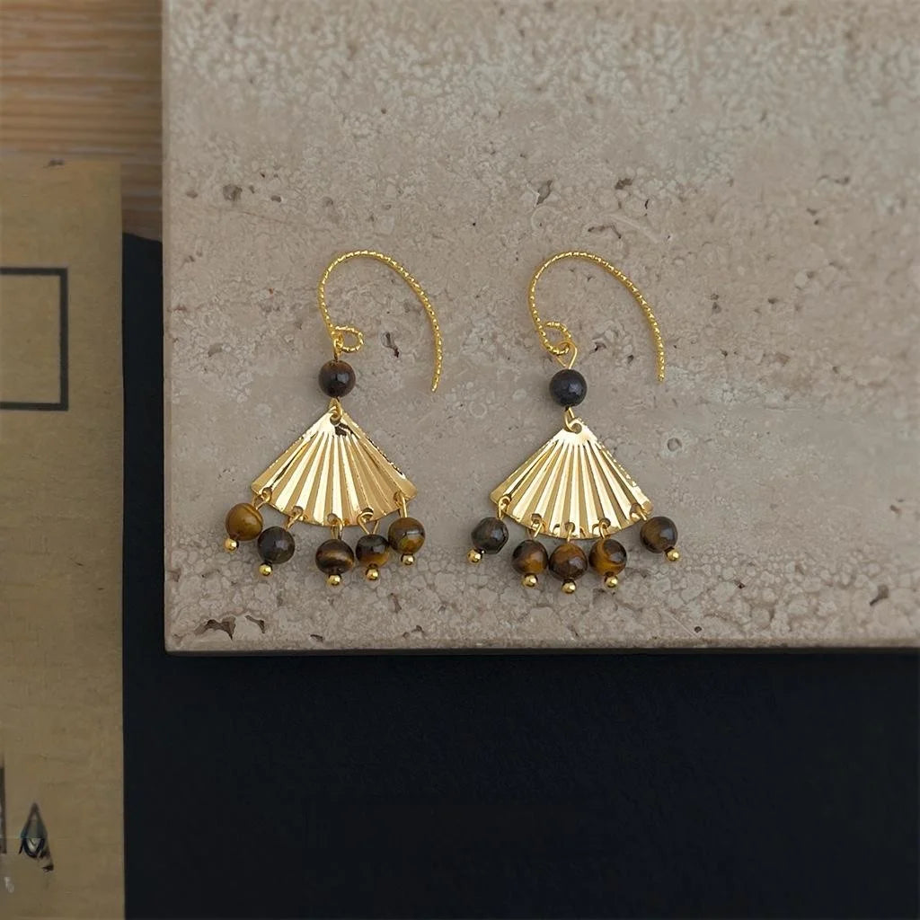 Maillard Vintage Copper Natural Tiger Eye Fan Tassel Drop Earrings For Women