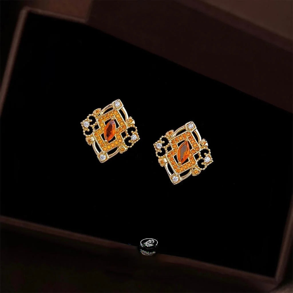 Premium Geometric Micro Pave Zircon Copper Stud Earrings Vintage Style