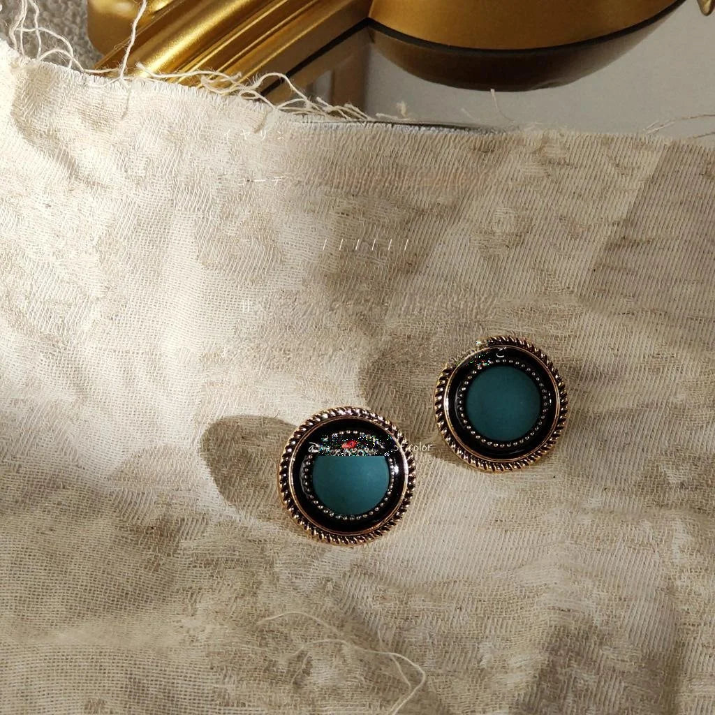 Vintage Distressed Tibetan Ethnic Blue Round Copper Stud Earrings With Silver Plated Pins