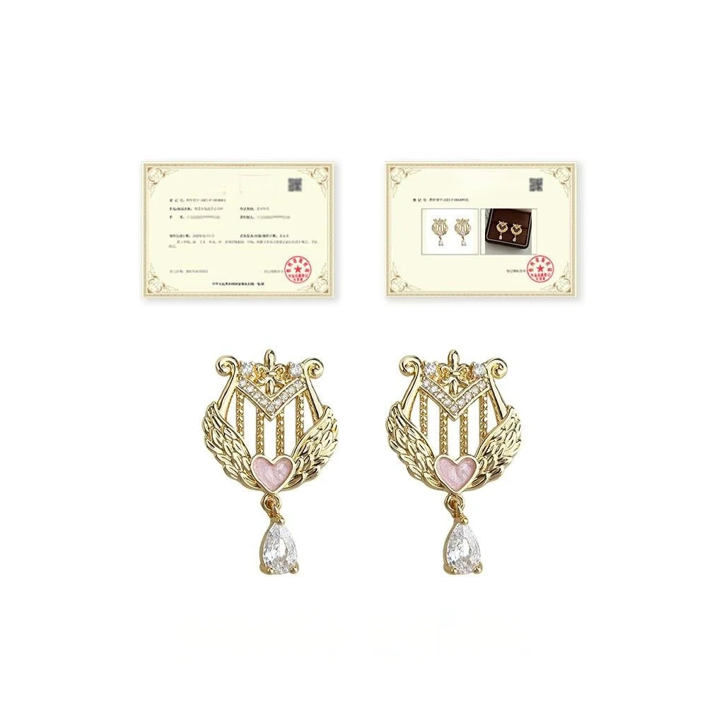 Original Harp Geometric Copper Zircon Drop Earrings, Style Designer Music Note Jewelry